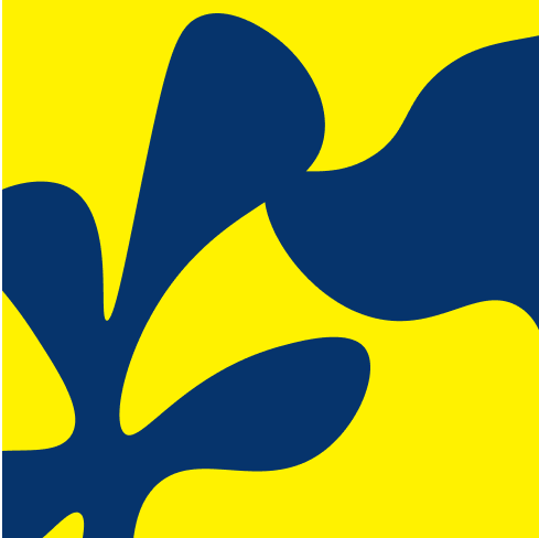Abstract design with large navy blue plant-like shapes on a bright yellow background.