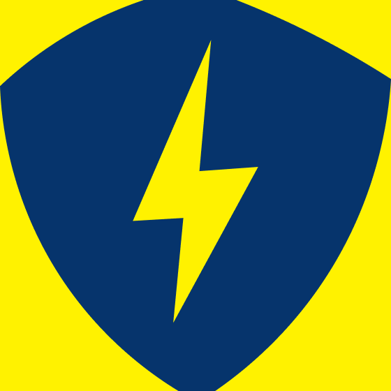 A shield emblem with a yellow background, a navy blue border, and a yellow lightning bolt in the center.