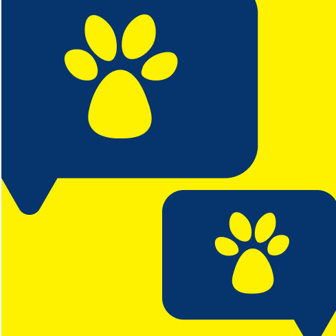 Two speech bubbles, each containing a yellow paw print on a blue background.