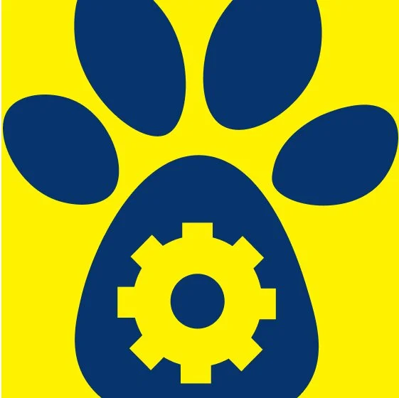 A yellow background with a dark blue paw print and a gear inside the paw's pad.