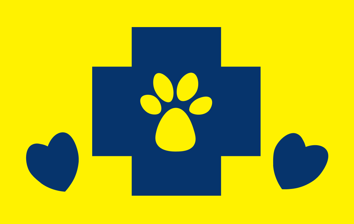 Yellow background with a blue medical cross, yellow paw print in the center, and two blue hearts on either side.