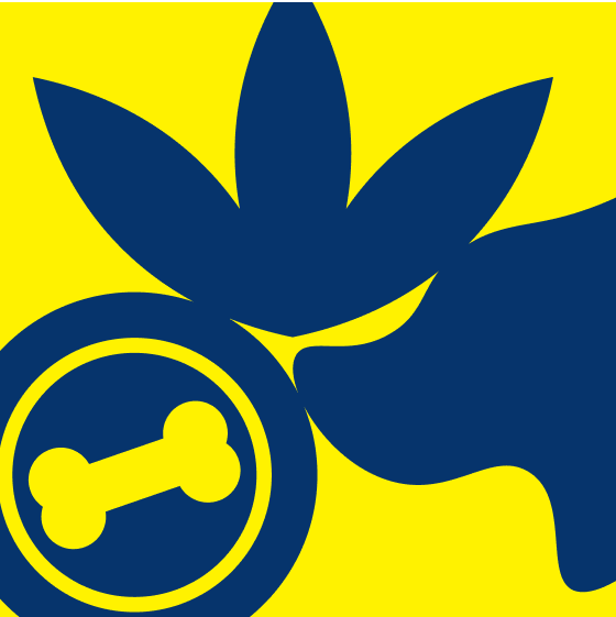 A stylized graphic featuring a cannabis leaf, a dog paw print enclosed in a circle, and a bone, set against a yellow background.