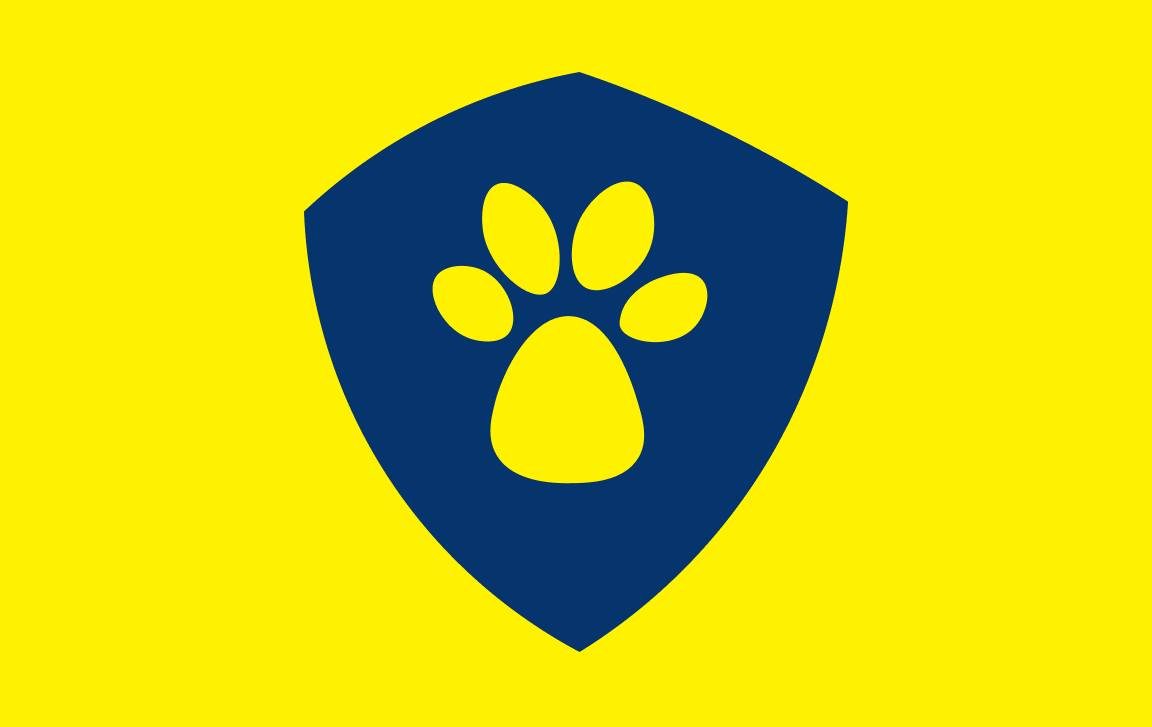 A flag with a yellow background and a blue shield emblem in the center featuring a yellow paw print.