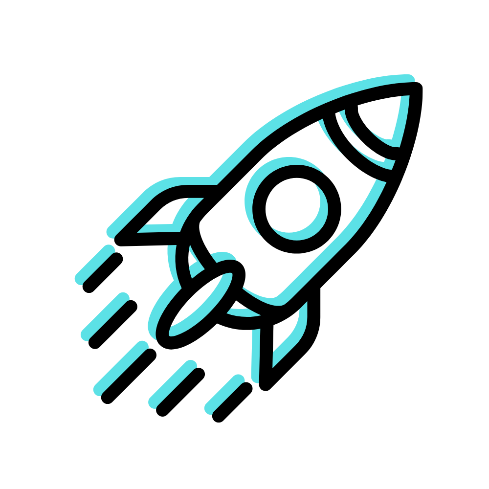 Neon outline of a rocket launching with flames beneath it.