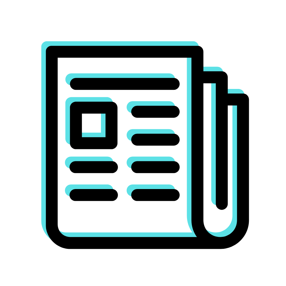 Outline of books or files stacked together, with a prominent book in the forefront, displayed in light blue on a black background.