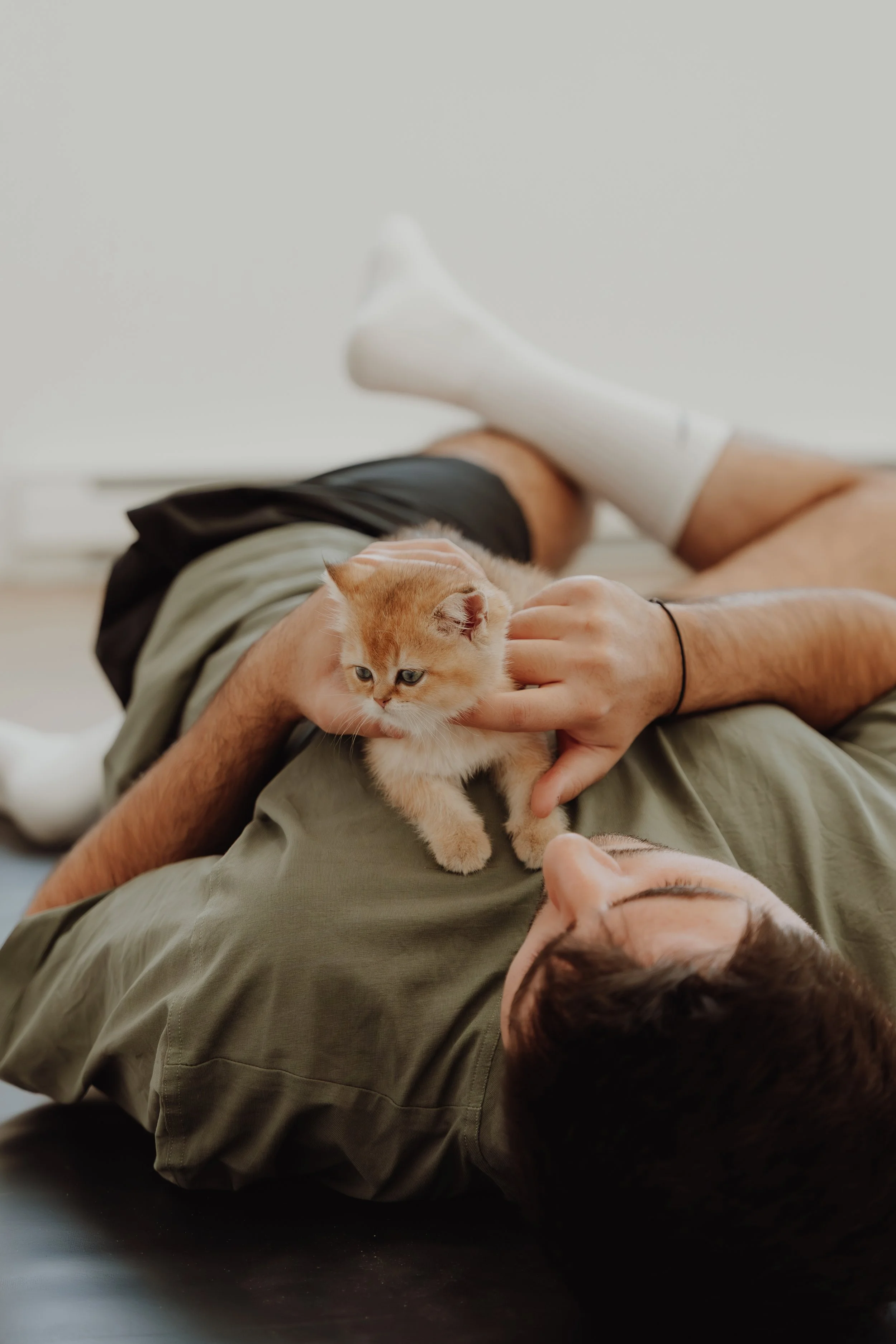 A person lying down on a dark surface, holding a small, orange and white kitten. The person is wearing a green shirt and white socks, with one leg bent and the other crossed over. The kitten is looking forward with a curious expression.