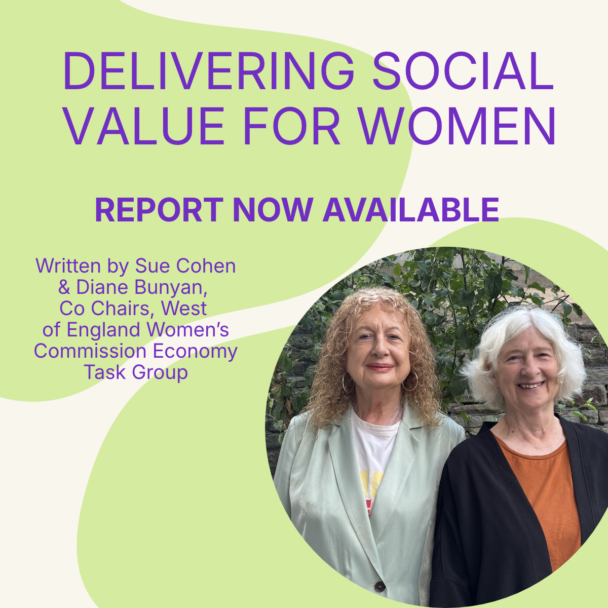 A photo. of report authors Sue Cohen and Diane Bunyan with the title Delivering social value for women report available