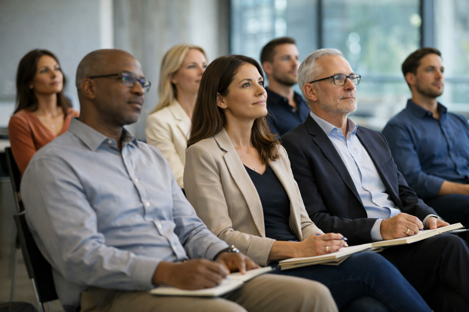 Grupp människor som deltar i ett möte eller seminarie, sitter i rad och lyssnar, tar anteckningar och tittar uppmärksamt.