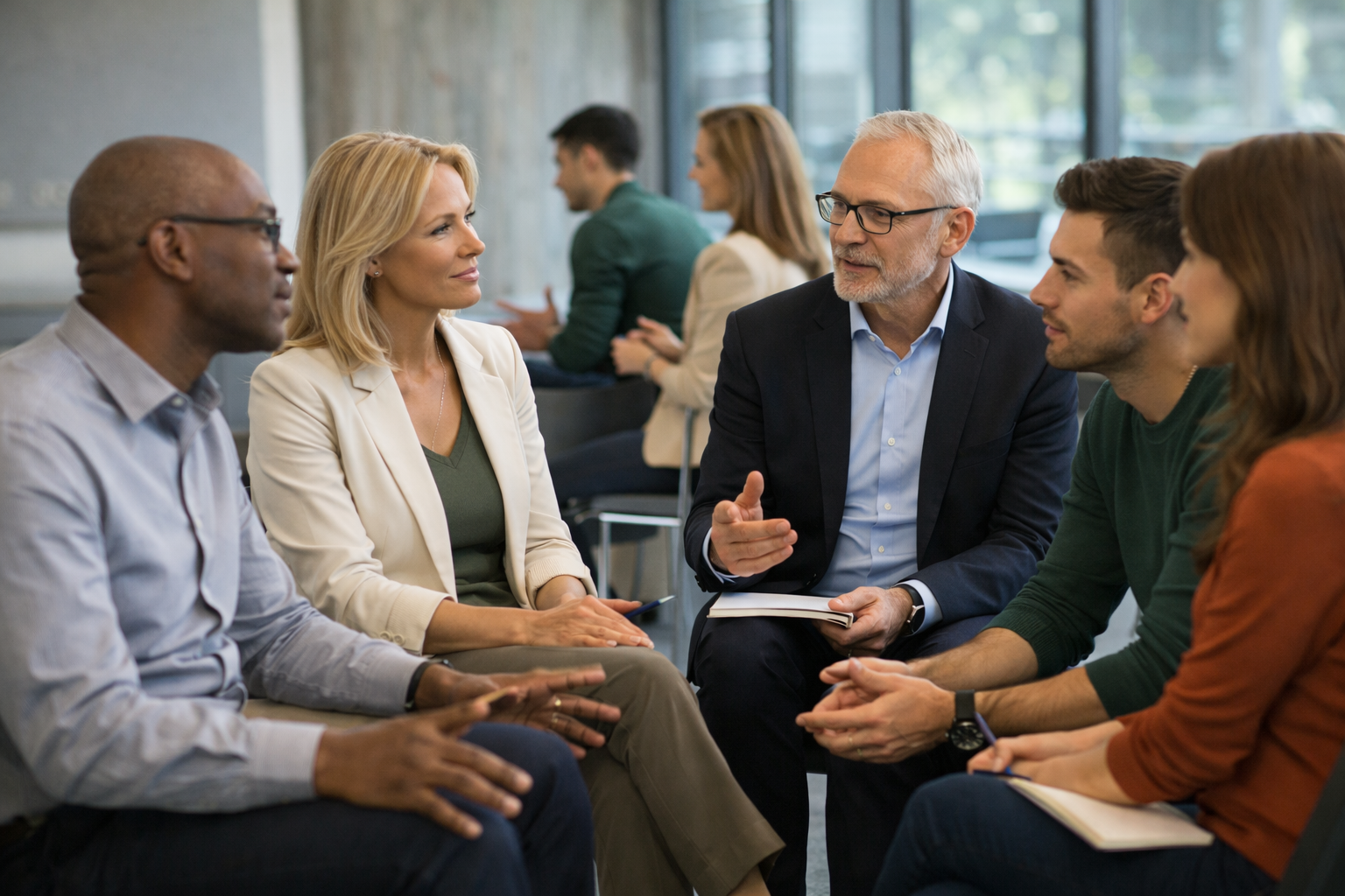 Grupp människor i ett möte diskuterar i ett konferensrum.