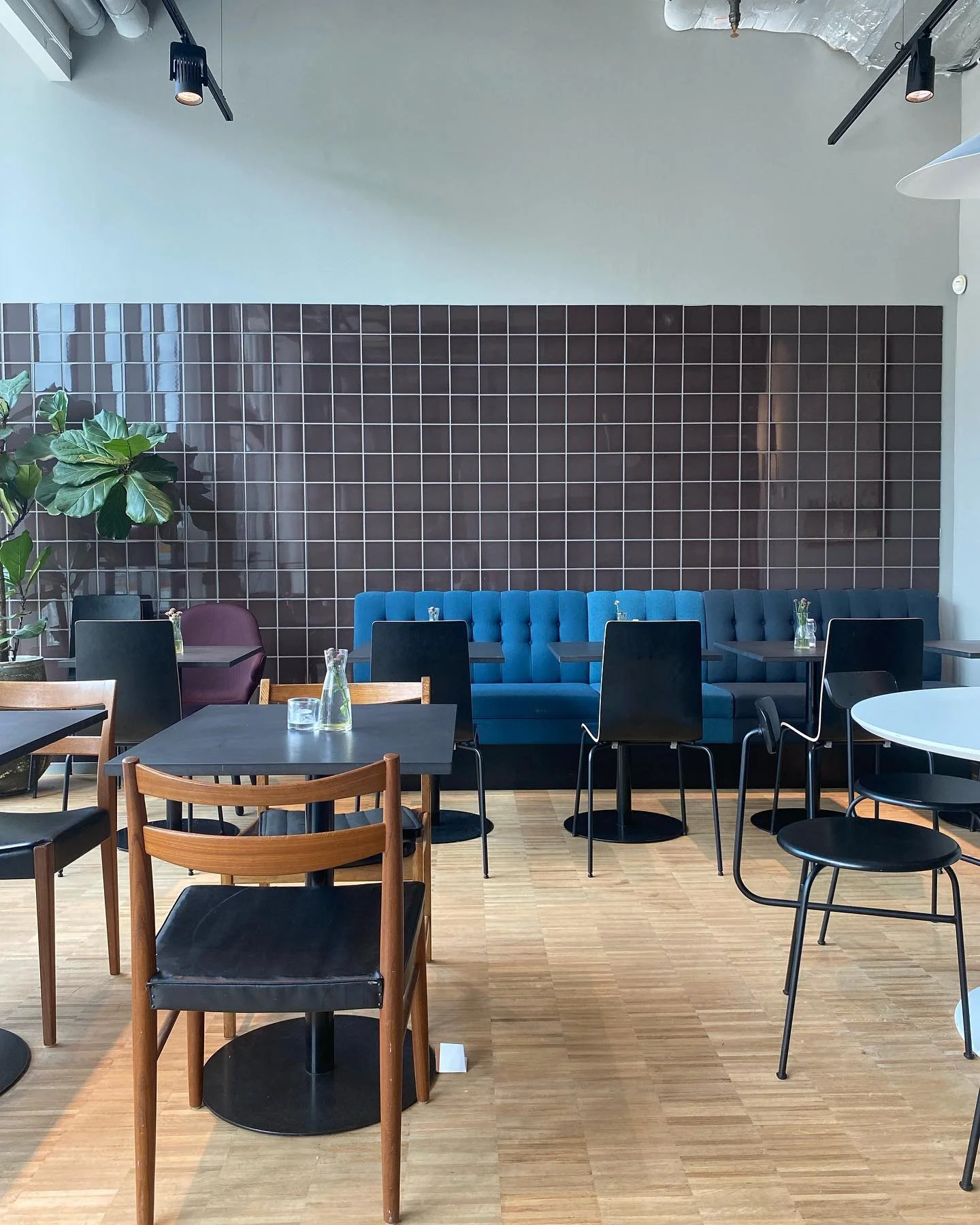 Interiör av ett modernt kafé med mörka och blå möbler, trämöbler, gröna växter och en vägg med mörkbruna kakelplattor.
