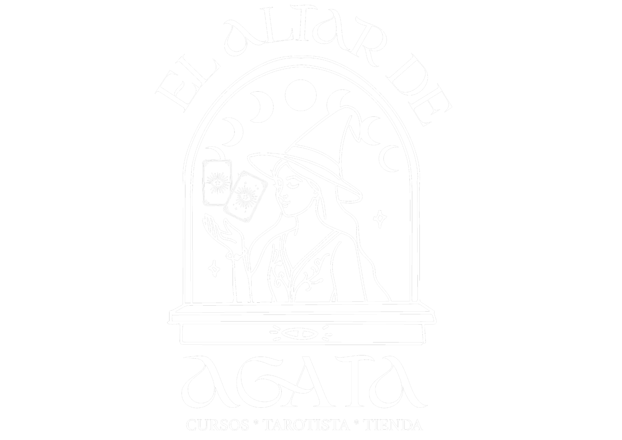 A monochrome illustration of a witch in a hat casting spells with tarot cards, surrounded by moon phases, with text indicating it is a tarot and tarot-related shop.