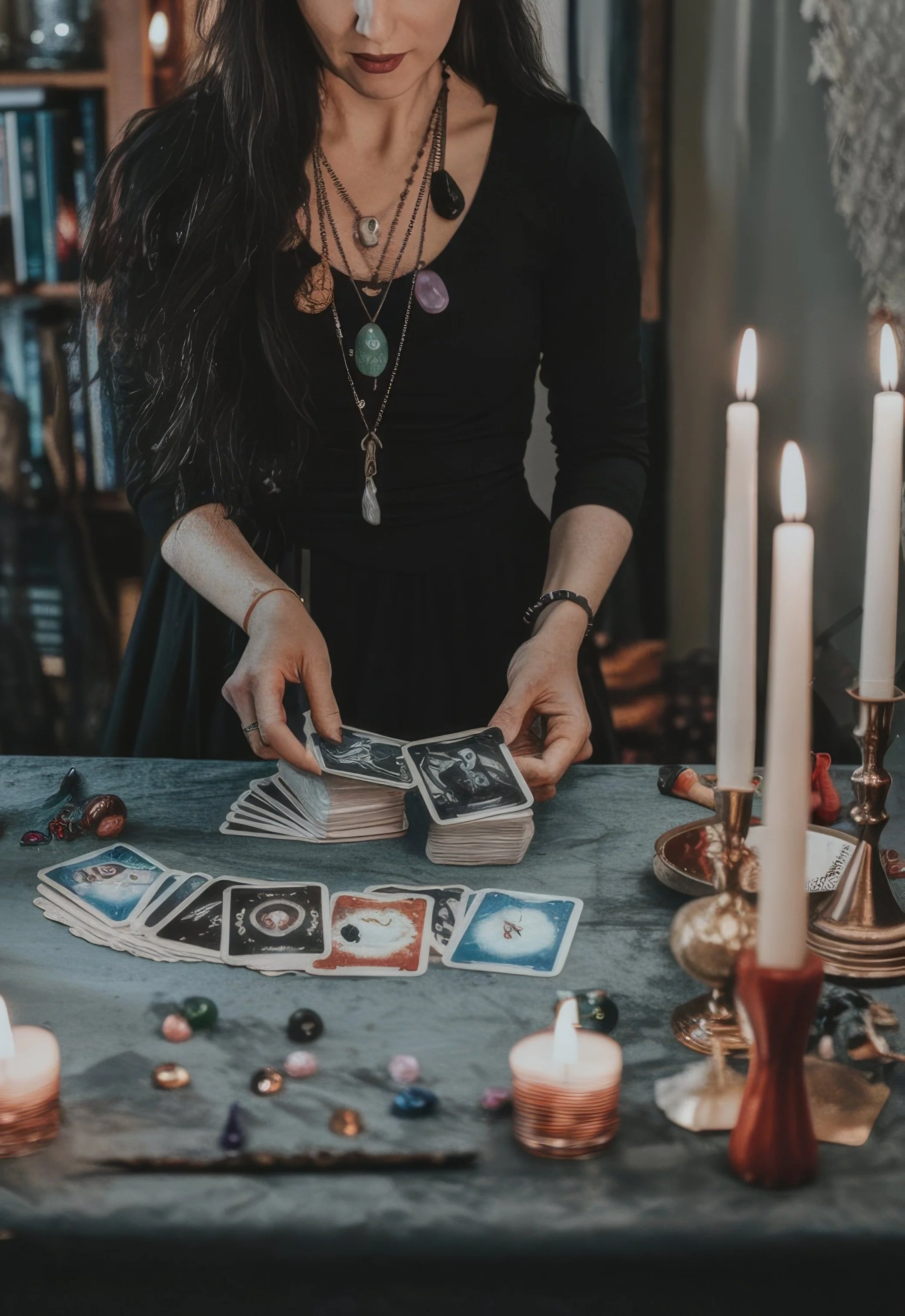 A woman with long dark hair wearing a black outfit and layered necklaces, shuffling tarot cards on a dark wooden table, surrounded by lit candles, crystals, and decorative stones.