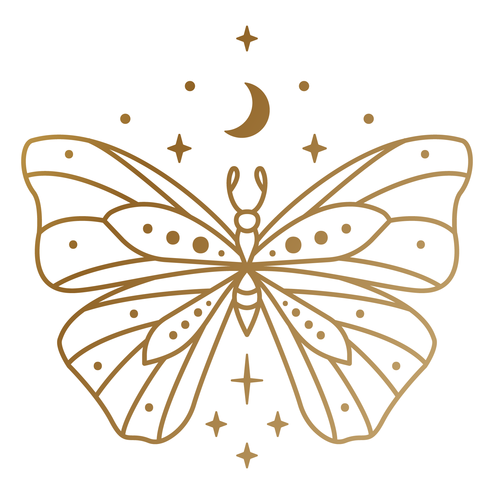 Gold three-tiered wedding cake with white flowers and guests in the background.