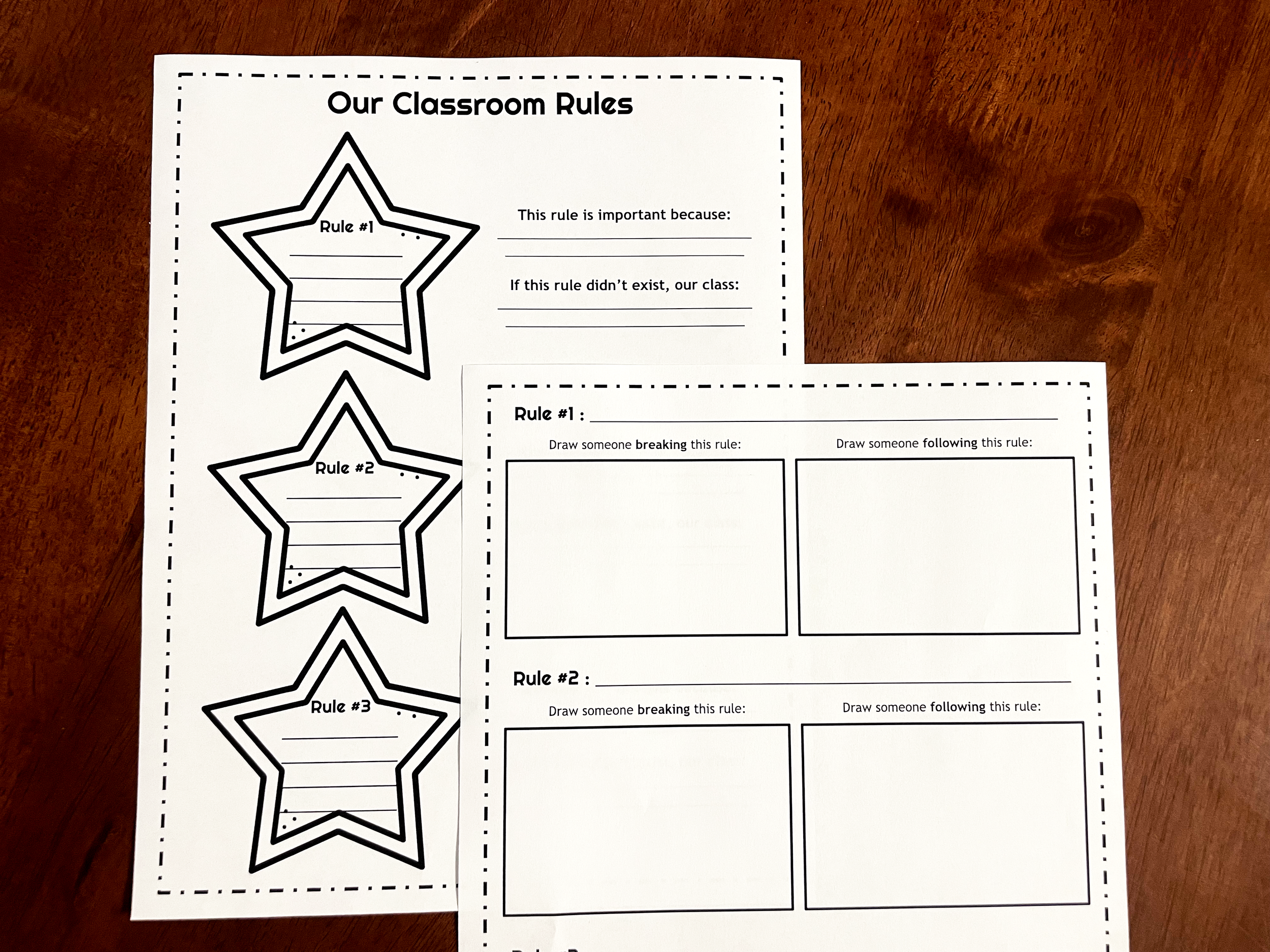 Two worksheets on a desk reviewing expectations and classroom rules after winter break