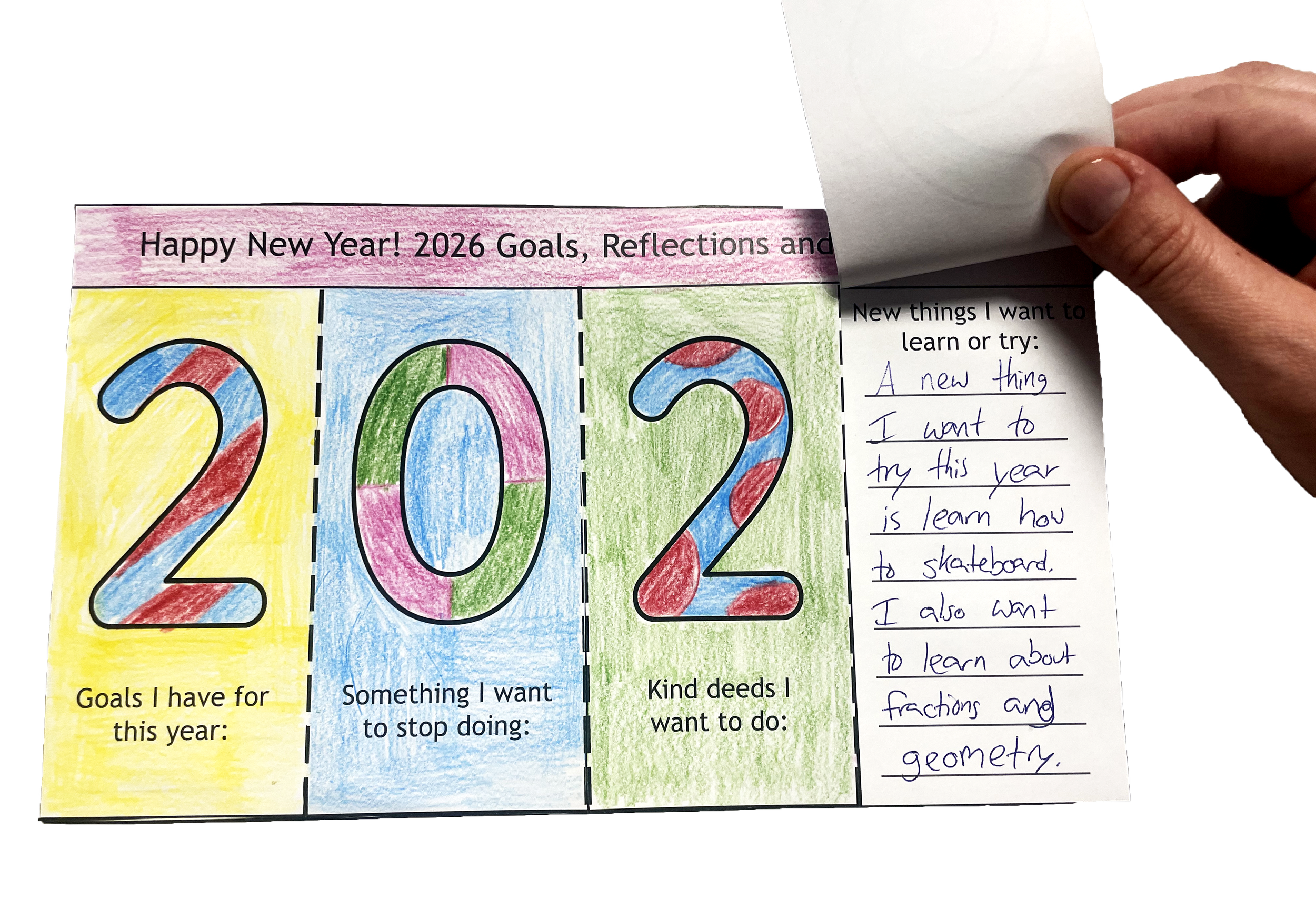 A 4th grade hand lifts a flap of the 2026 new years goals and reflection activity