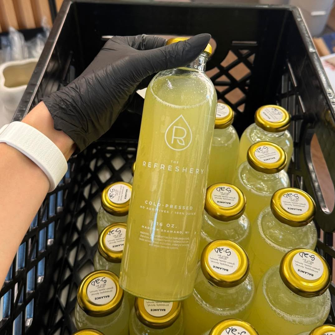 Full fridge today ✨ 
Open 9&ndash;1.

And yes&hellip; Balance is back after so many requests 🤍 
Pineapple, fennel, ginger, lemon + apple. 
Light, grounding, digestive support in a bottle.

Also stocked this week:
&bull; Hulk 
&bull; Red 
&bull; Lemo