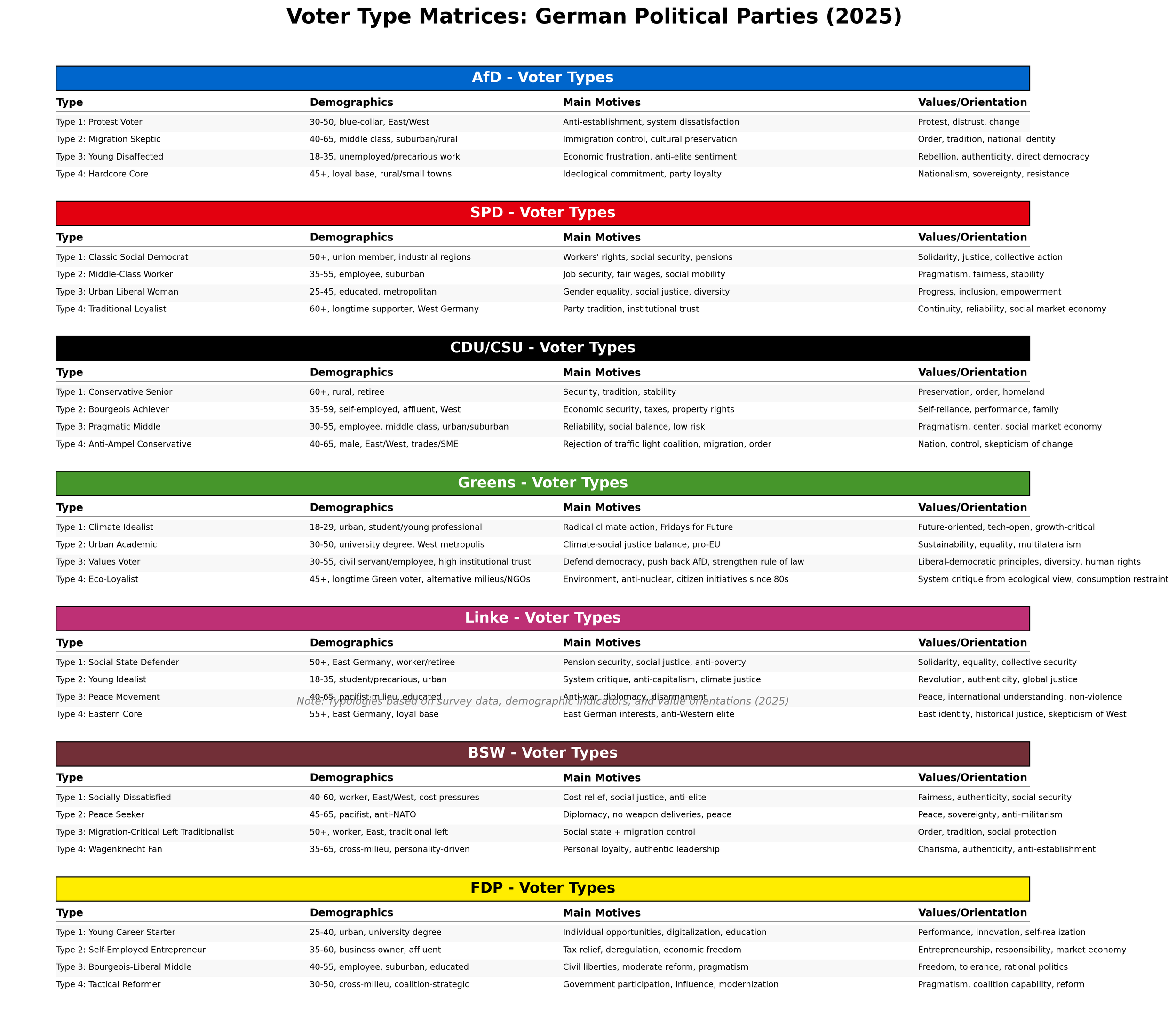 Table titled 'Voter Type Matrices: German Political Parties (2025)' categorizing voter types for multiple German political parties, including AfD, SPD, CDU/CSU, Greens, Linke, BSW, and FDP, with details on demographics, main motives, and values or orientations.