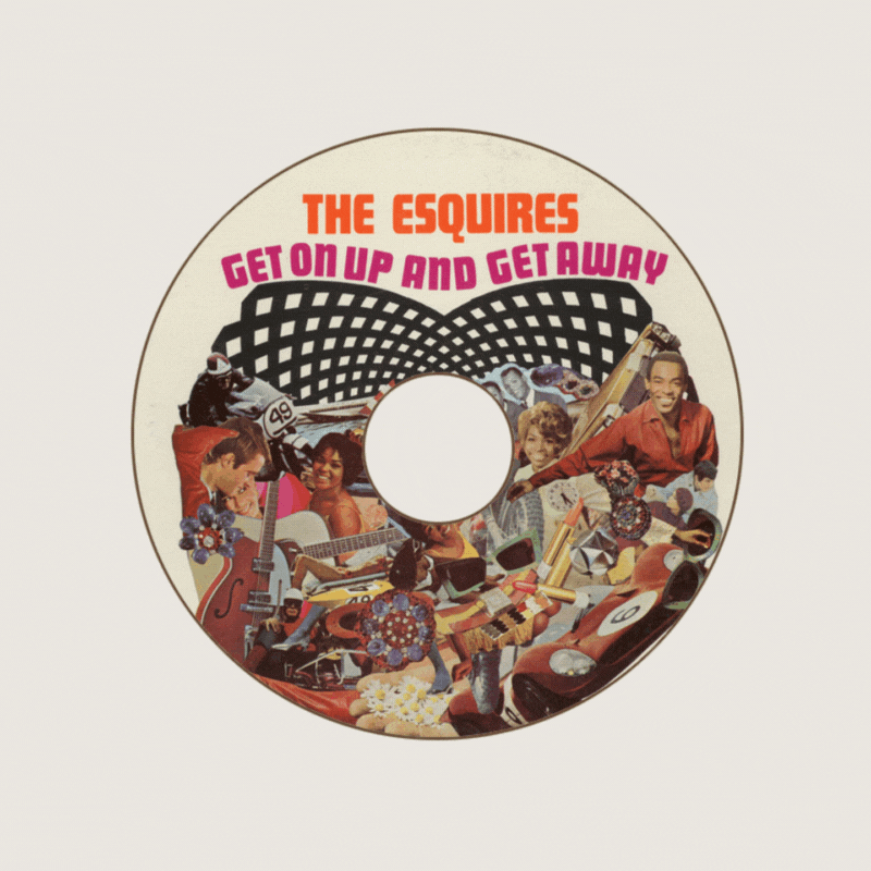 A CD featuring The Esquires with the title "Get On Up And Get Away" and various images of people, musical instruments, and abstract designs.