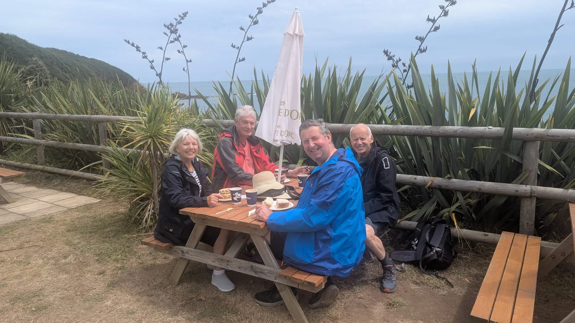 Four adults smiling at a picnic table outdoors near the coast, surrounded by large spiky plants, with a white umbrella, ocean, and a hill in the background.