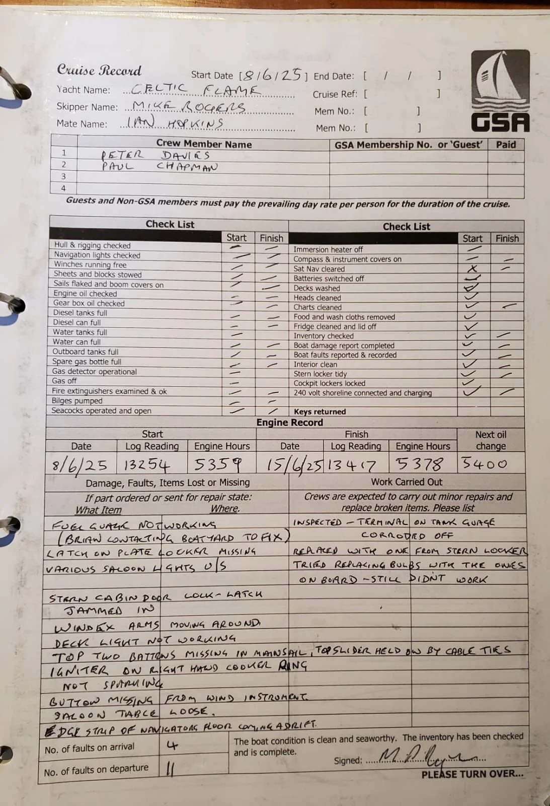 A cruise record log sheet with details of a yacht named Celtic Flame, crew members Mike Rogers and Ian Hawkins, dated June 18, 2025. It includes checklists for equipment and safety checks, engine log entries, and notes on repairs and issues like fuel