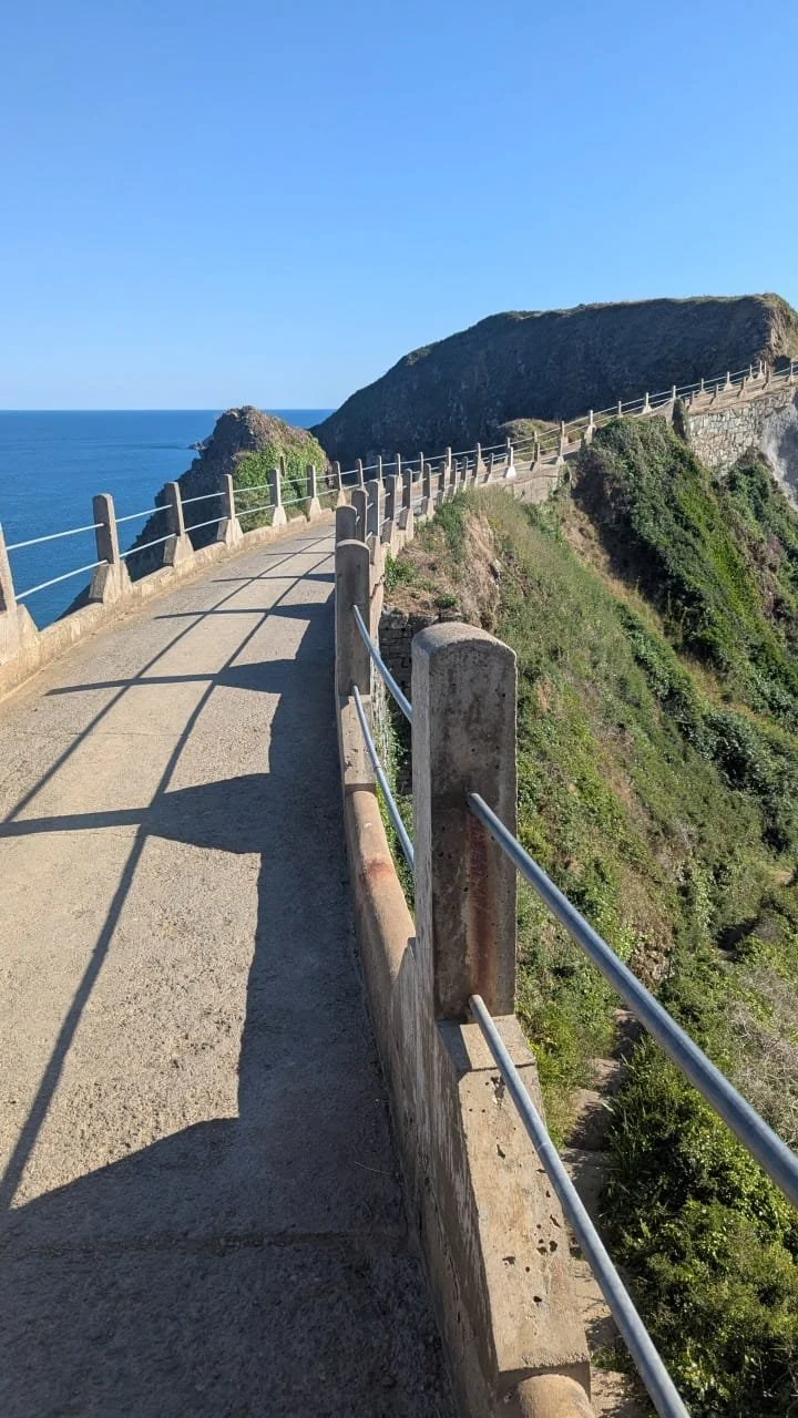 A concrete pathway along a cliffside with a wooden and metal railing, overlooking the ocean and green hills in the background on a sunny day.