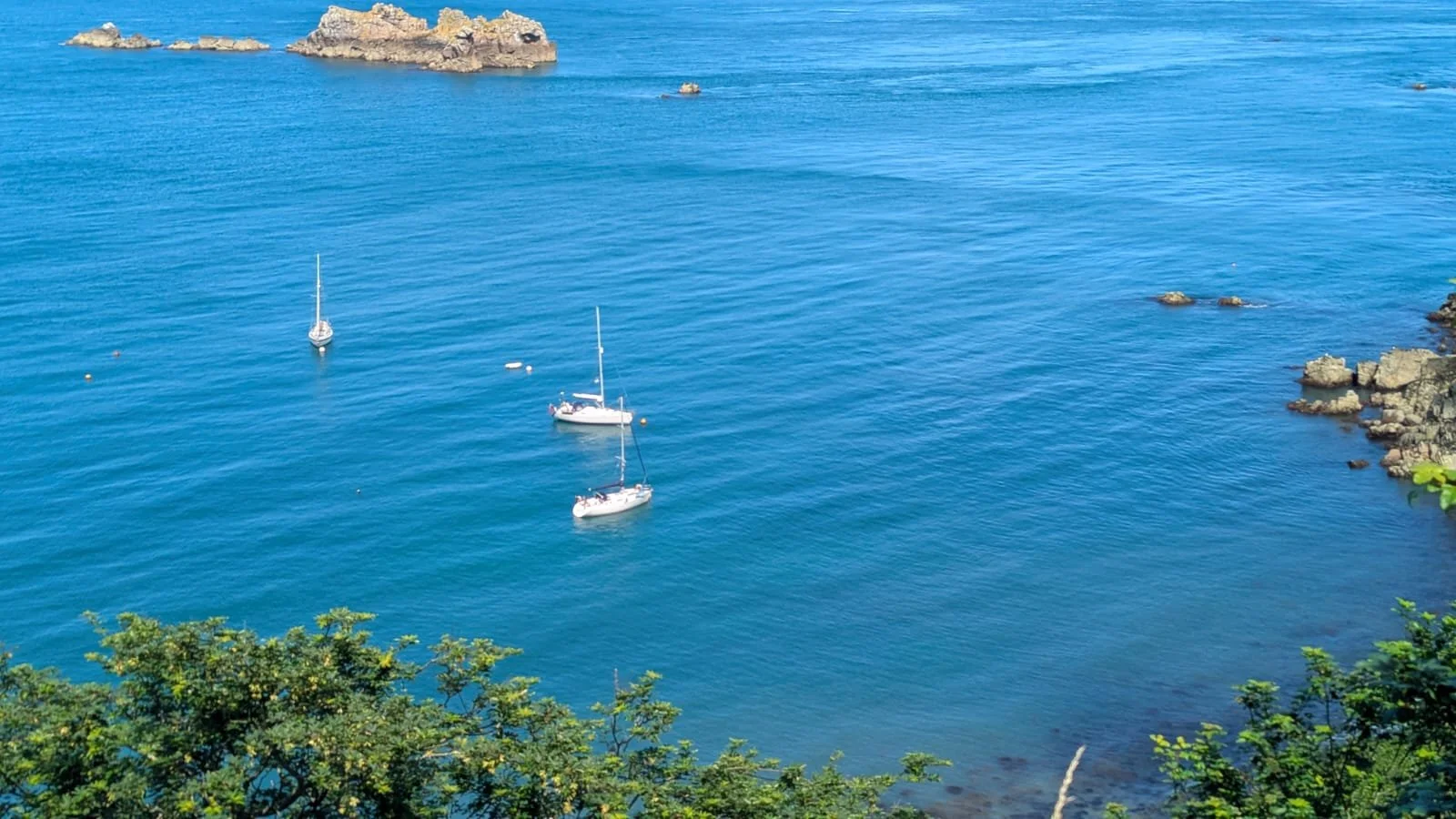 Three sailboats floating on calm blue water near rocky shores with green foliage at the bottom of the image and large rocks in the distance.