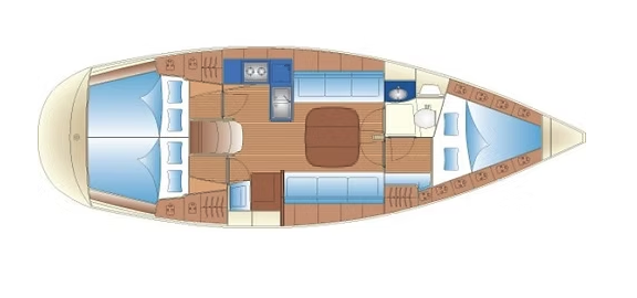 Floor plan of a boat interior showing bedrooms, bathrooms, a kitchen, a dining area, and a lounge with seating.