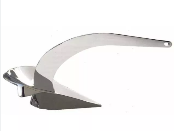 A shiny stainless steel boat-shaped ashtray with a curved arm extending from it.
