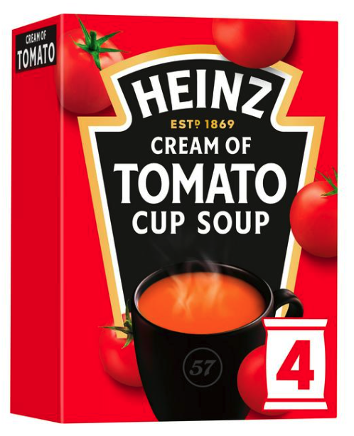 A box of Heinz Cream of Tomato Cup Soup with tomatoes and a steaming cup of soup on the front.