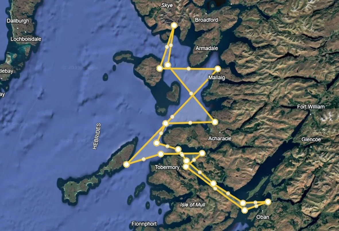 Map showing the route of the Hebrides ferry, including locations such as Oban, Tobermory, Mallaig, Skye, Fort William, and other islands along the west coast of Scotland.