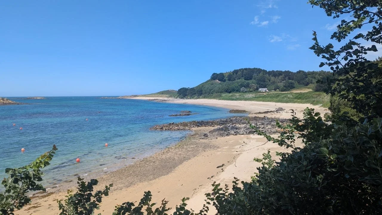 A scenic beach with sandy shores, calm blue waters, and a backdrop of green hills under a clear blue sky.