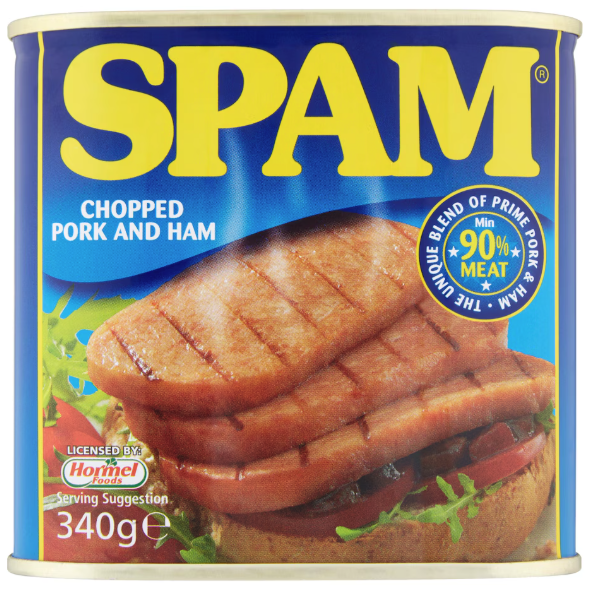Canned Spam featuring chopped pork and ham, with a picture of the product on a sandwich bun with lettuce, tomato, and other ingredients. The label indicates it's at least 90% meat and contains 340 grams.