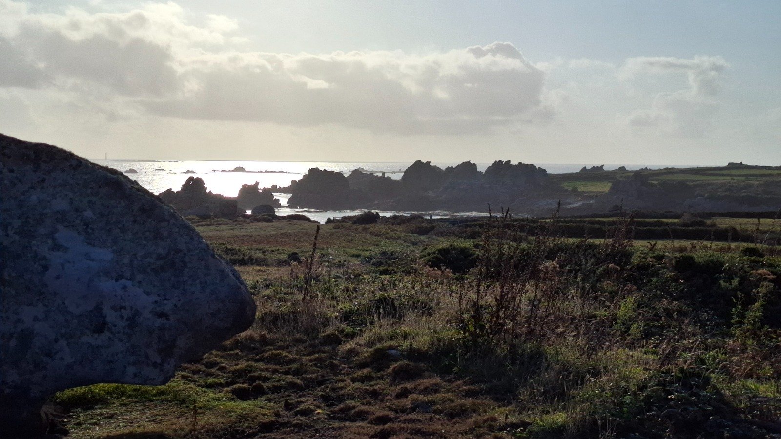 Coastal landscape with rocky shoreline, grassy fields, and the ocean in the background, under a cloudy sky.
