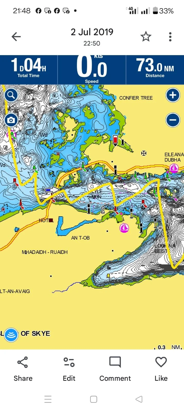 A navigation map showing a trail around a mountainous area with lakes, trees, and labeled points such as 'Conifer Tree', 'Eilean Dubh', and 'Mhadaidh-Ruaidh'. The map features colors indicating terrain elevation and water, roads, and other landmarks.