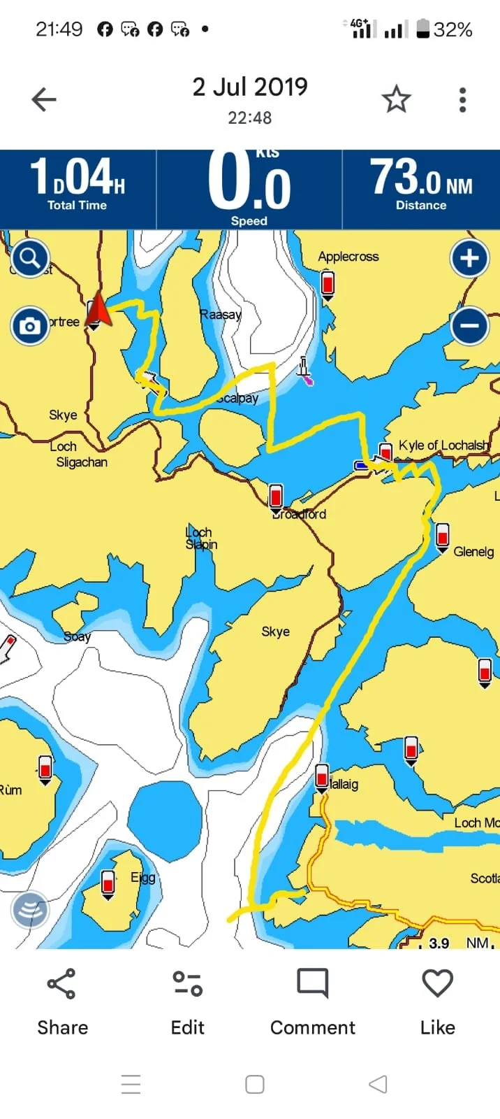 A GPS map displaying a route around several lakes, with labels like Raasay, Calpay, Applegross, Kyle of Lochalsh, and Loch. The top shows total time of 1 hour and 4 minutes, distance of 73 miles, and speed of 0.0 knots.