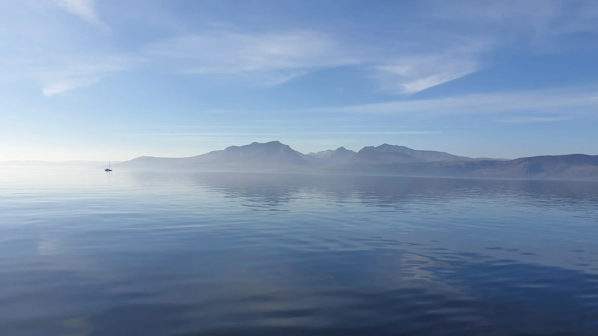 Calm lake with a sailboat, distant mountain range, and partly cloudy sky.