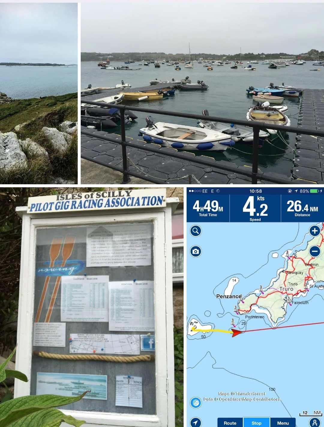 A collage featuring a scenic coastal view with boats docked at a harbor, a signboard from the Isles of Scilly Pilot Gig Racing Association, and a nautical map showing a sailing route near Penzance.