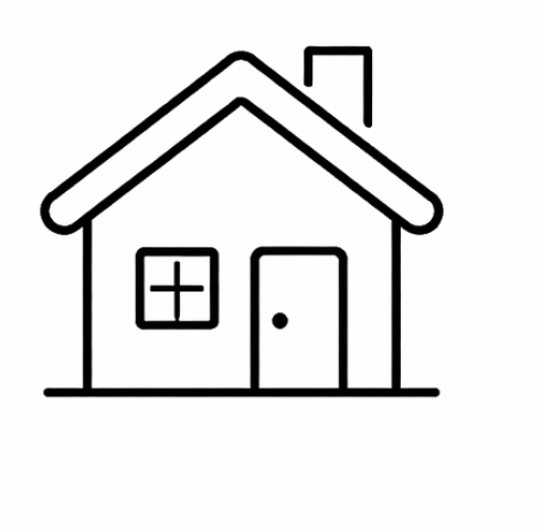 Simple black and white line drawing of a house with a door, a window, a chimney, and a pitched roof. Home Care Services
