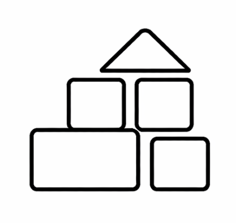 Outline drawing of variously sized geometric blocks stacked in a house shape, with a triangle on top and rectangles below. Occupational and physical therapy services