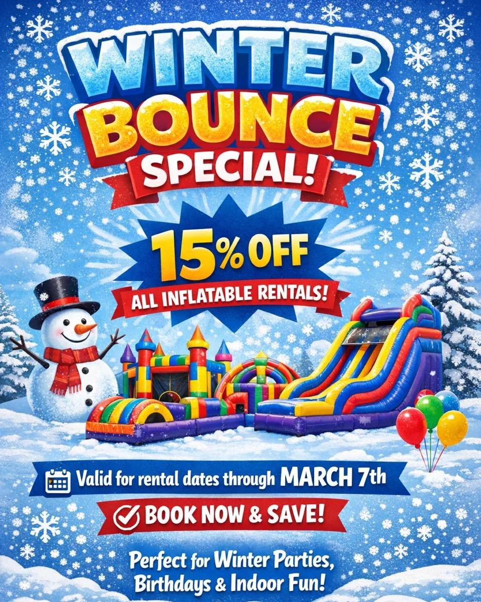 ❄️ WINTER BOUNCE SPECIAL! ❄️
Cold temps don&rsquo;t mean the fun has to stop! 🎉

We&rsquo;re excited to offer 15% OFF all inflatable rentals now through the end of winter!
Perfect for winter birthdays, school events, church gatherings, and indoor or