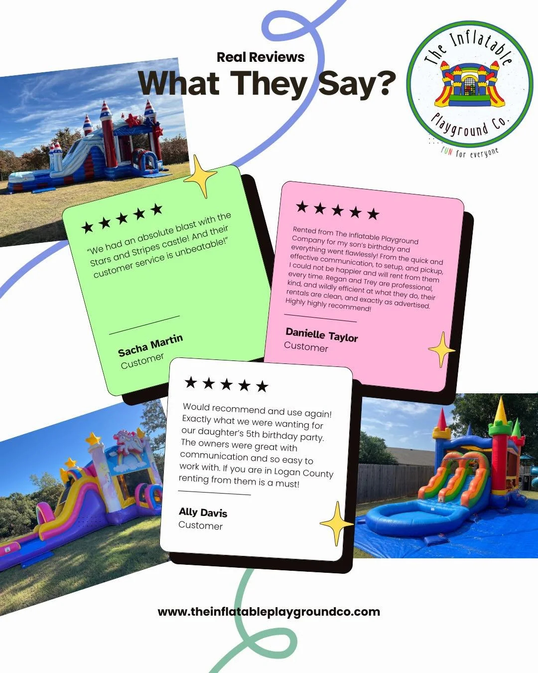 ⭐️⭐️⭐️⭐️⭐️

Real customers. Real rentals.
All 5-star reviews ⭐️

Reliable service. Clean inflatables. On-time delivery.

See why families, schools, and event hosts choose
The Inflatable Playground Company again and again.

📅 Now booking upcoming par