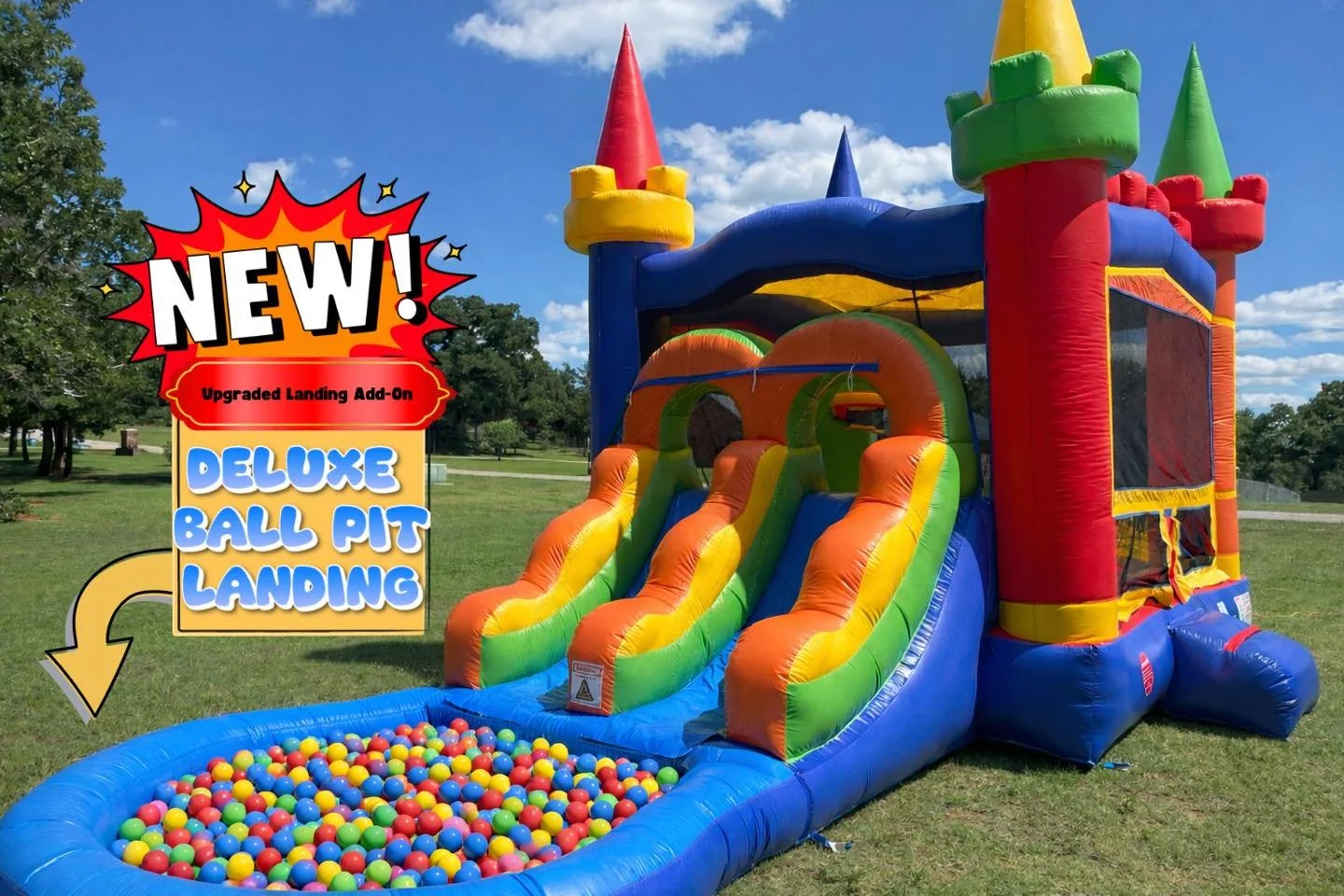 Water slide when it&rsquo;s hot ☀️
Ball pit when it&rsquo;s not 🌈

You asked&hellip; we listened! 🎉

Introducing our optional Ball Pit Landing for the Rainbow Castle Dual Slide!

For dry rentals, you can now upgrade the splash pool landing into a D