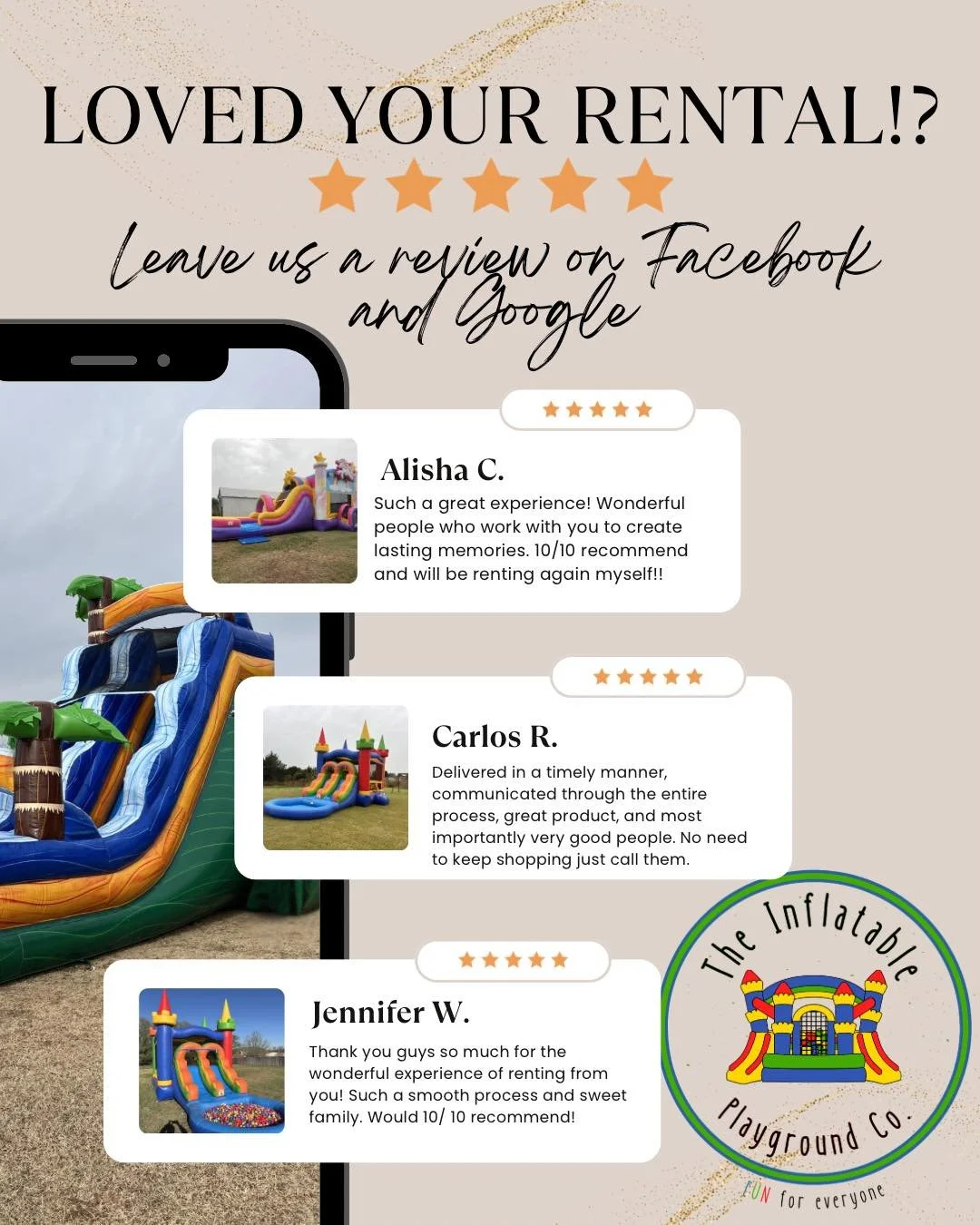 LOVED your rental?! 🤩💙

There is nothing more powerful for a small business than hearing from real families in our community 🙌

If we&rsquo;ve had the chance to be part of your party, we would truly appreciate you taking a quick minute to leave us