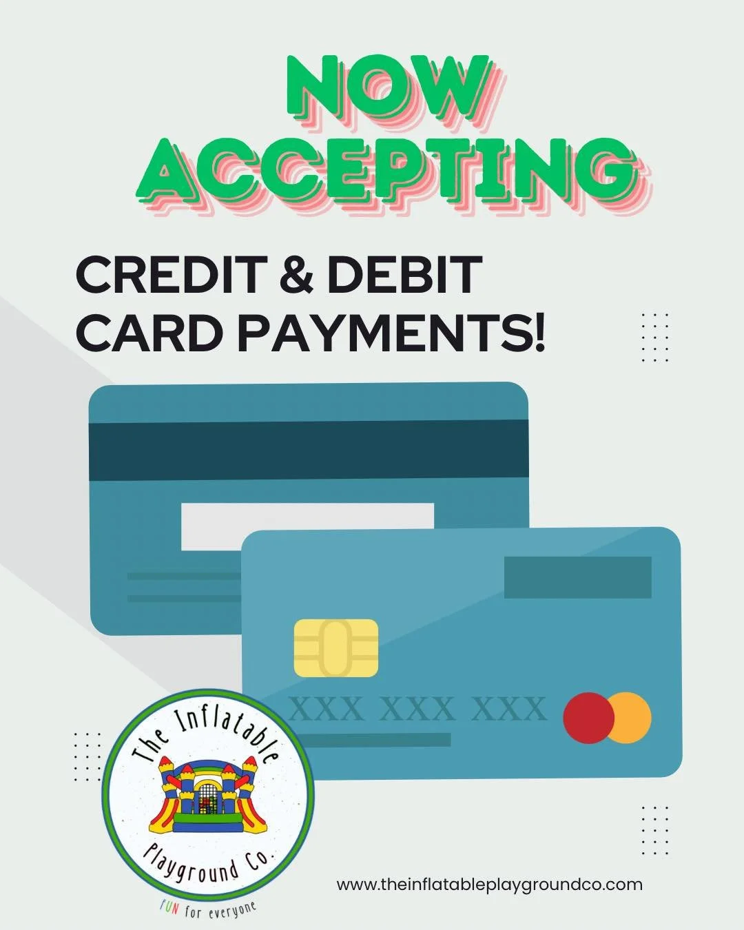 We added another easy way to pay 🎉💳
The Inflatable Playground Co. is now accepting credit &amp; debit card payments!

Fast, simple, and convenient for reserving your next party 🤗

Accepted payment methods now include:
💵 Cash
💚 Cash App
💙 Venmo
