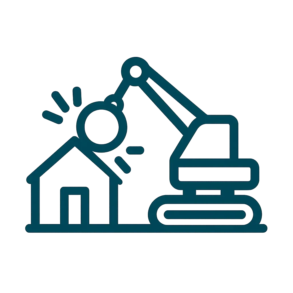 Outline drawing of a house being demolished by a wrecking ball attached to an excavator.