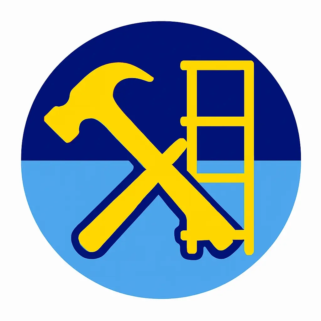 A circular logo featuring a yellow hammer and a yellow ladder set against a blue background. The background is divided into a darker upper half and a lighter lower half.
