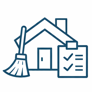 Icon of a house, broom, and checklist with check marks.