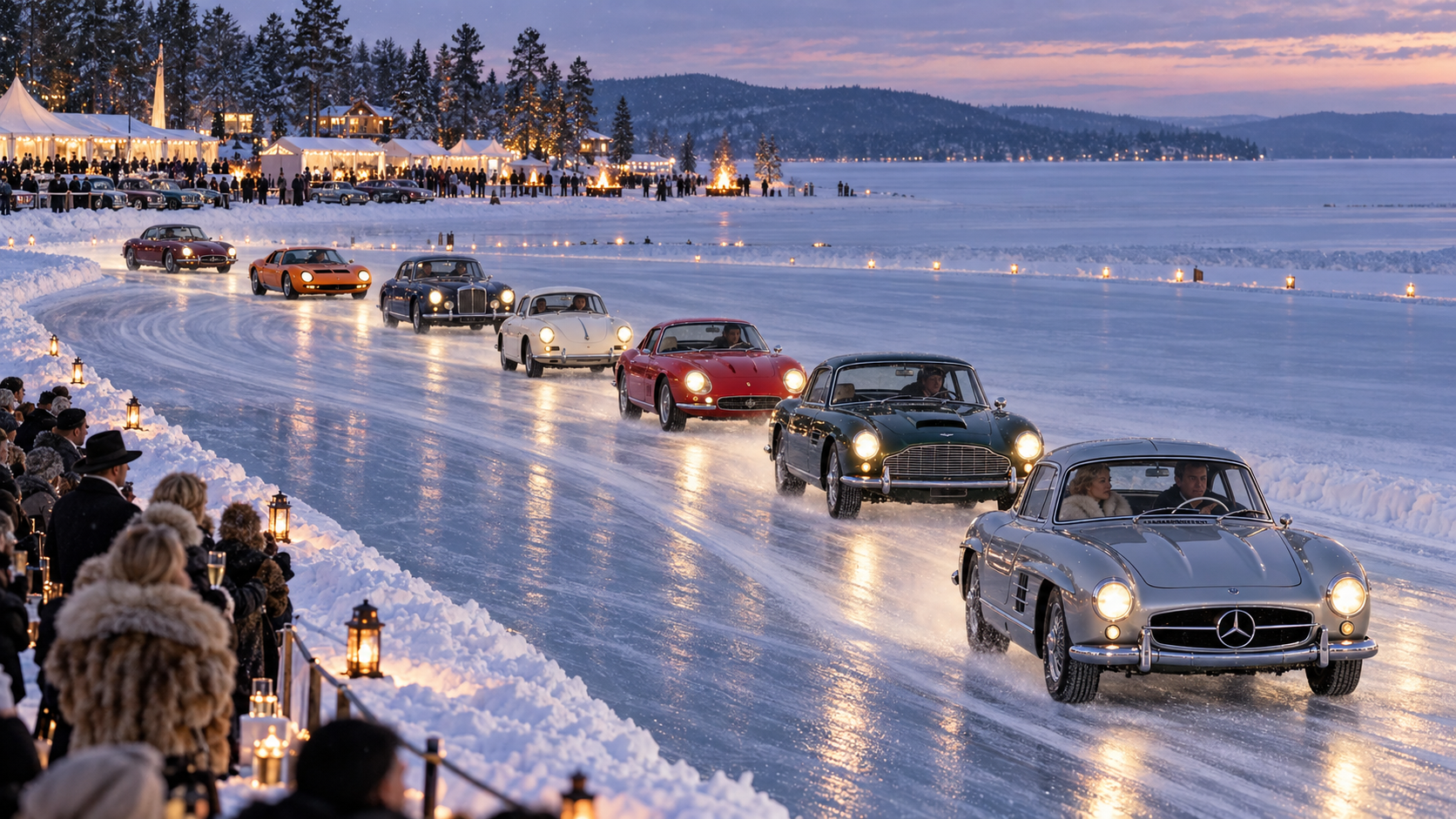 Seven classic cars on frozen Walloon Lake.png