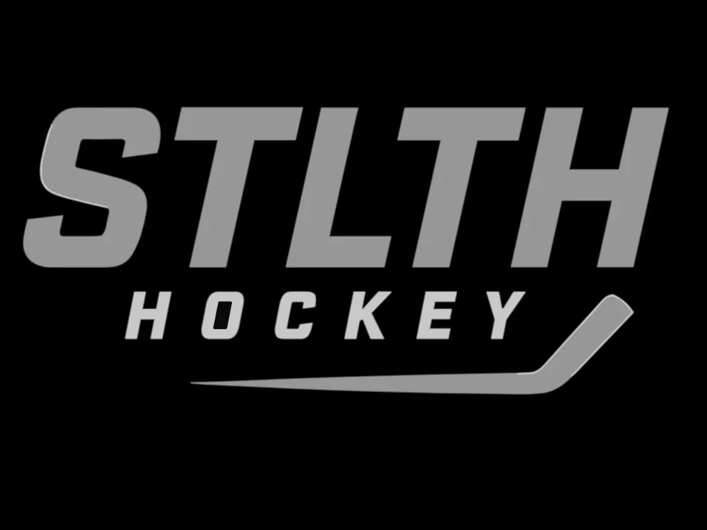 Hockey logo with black background, large gray text reading 'STLTH', smaller white text 'HOCKEY', and a stylized hockey stick underneath.