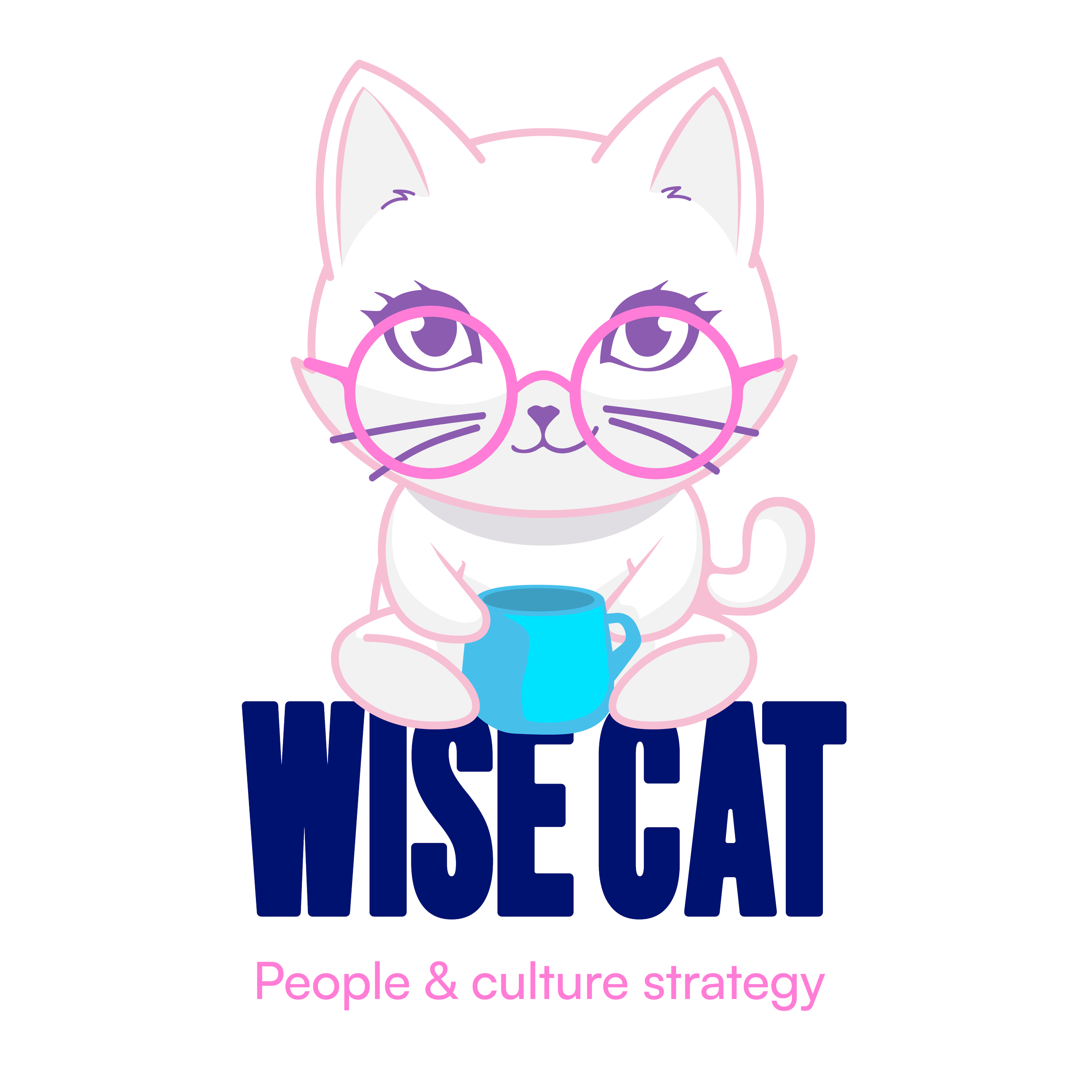 Stylized logo of a white cat wearing pink glasses and a white bow tie, with the text 'People & culture strategy' below in pink font.